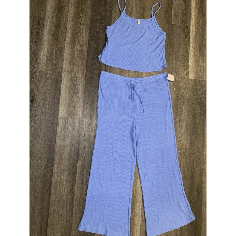 auden cozy ribbed blue pajama set tank & drawstring wide leg pants Sz Xxl